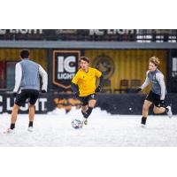 Charles Ahl of the Pittsburgh Riverhounds vs. Columbus Crew 2 in the snow