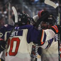 Knoxville Ice Bears' Cameron Tobey celebrates with team