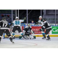 Logan Nelson of the Tahoe Knight Monsters in front of the Wichita Thunder goal
