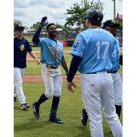 Brennon McNair and David Noworyta of the Columbia Fireflies exchange high fives after an extra-inning win