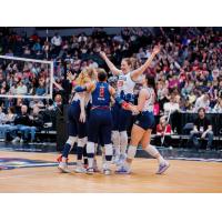 Eleanor Holthaus greets Grand Rapids Rise teammates
