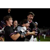 Josh Zamora and the Pensacola Blue Wahoos celebrate a walk-off win