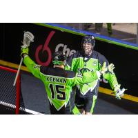 Saskatchewan Rush's Ryan Keenan congratulates teammate